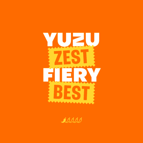 Animated graphic that reads 'yuzu zest fiery best' in white and yellow font against a red background, showing the new Lee Kum Kee sauce branding