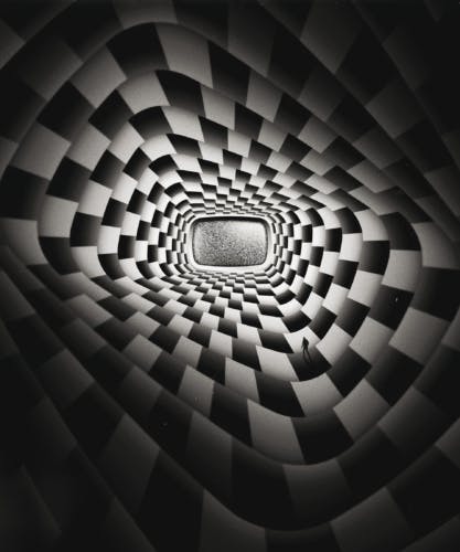 Black and white op-art style illustration of a warped checkerboard pattern
