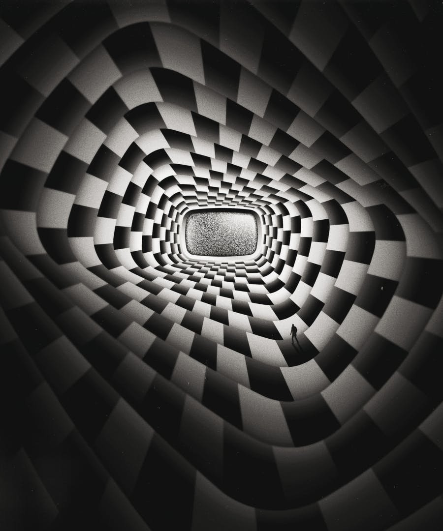 Black and white op-art style illustration of a warped checkerboard pattern