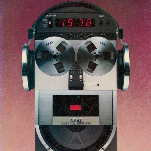 Pink hued poster featuring images of audio equipment which have been laid out to resemble a robotic face