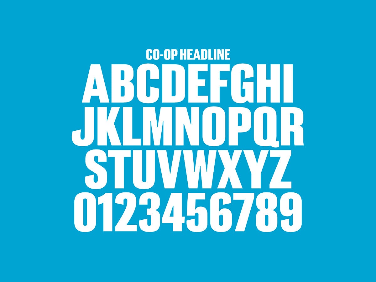 Co-op's new headline typeface, a a white uppercase font with angular and curved details 