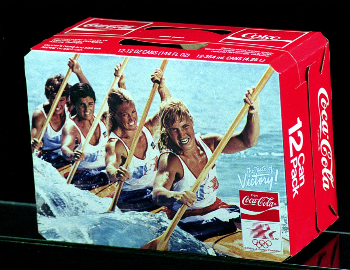 Cardboard box of Coca-Cola featuring a photo of rowers created for the 1984 Olympics