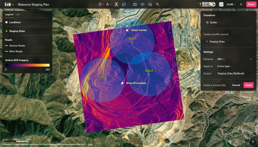 Graphic showing the user interface of map making tool Felt