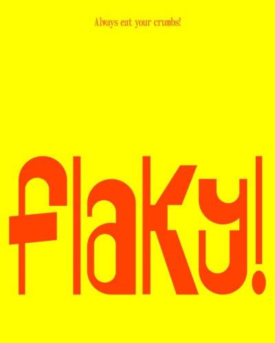 Orange version of Flaky's wordmark featuring angular, uneven lettering against a yellow background