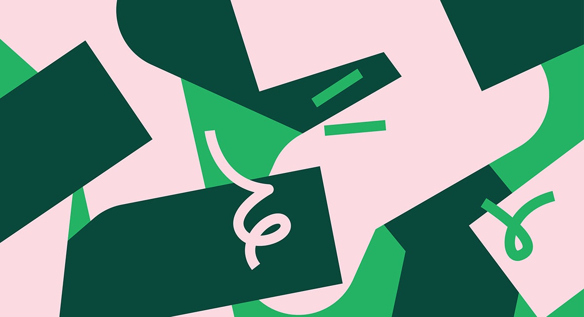 Abstract graphic in pale pink, dark green and emerald green