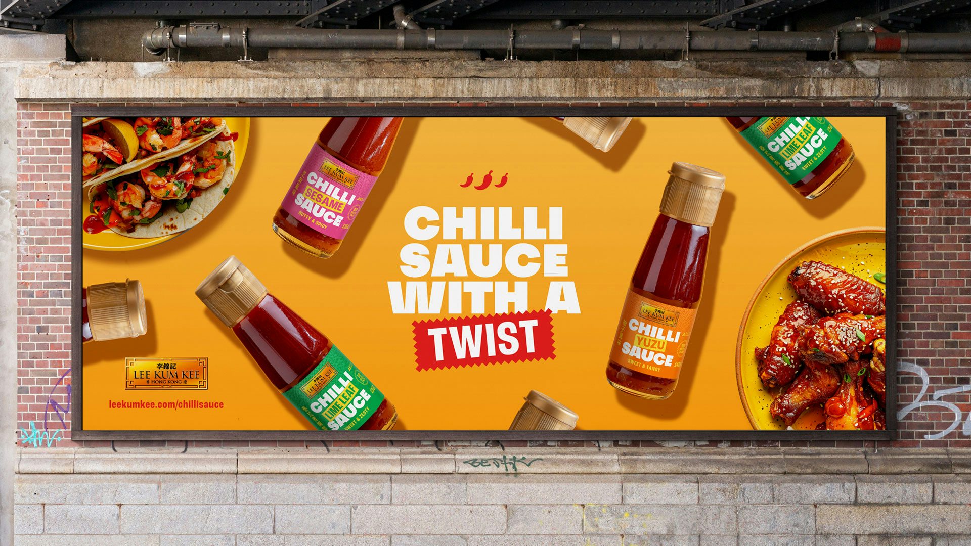 Outdoor advert for Lee Kum Kee chilli sauce featuring the headline 'chilli sauce with a twist' next to images of sauce bottles