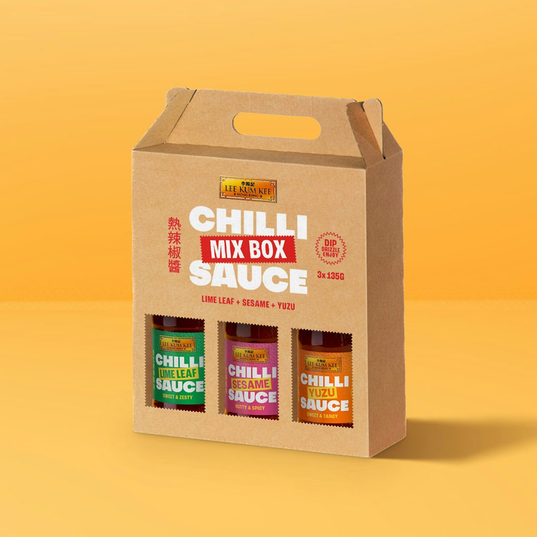 Three pack of Lee Kum Kee chilli sauce in cardboard packaging