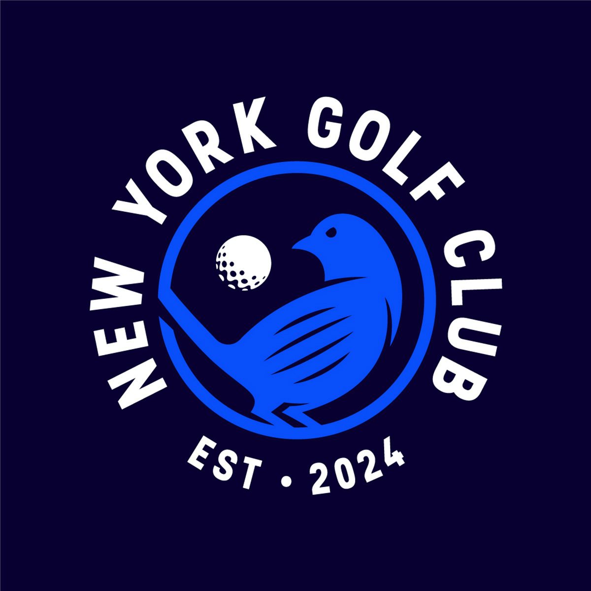 Graphic show the New York Golf Club logo of a blue bird icon and a golf ball in a round shape