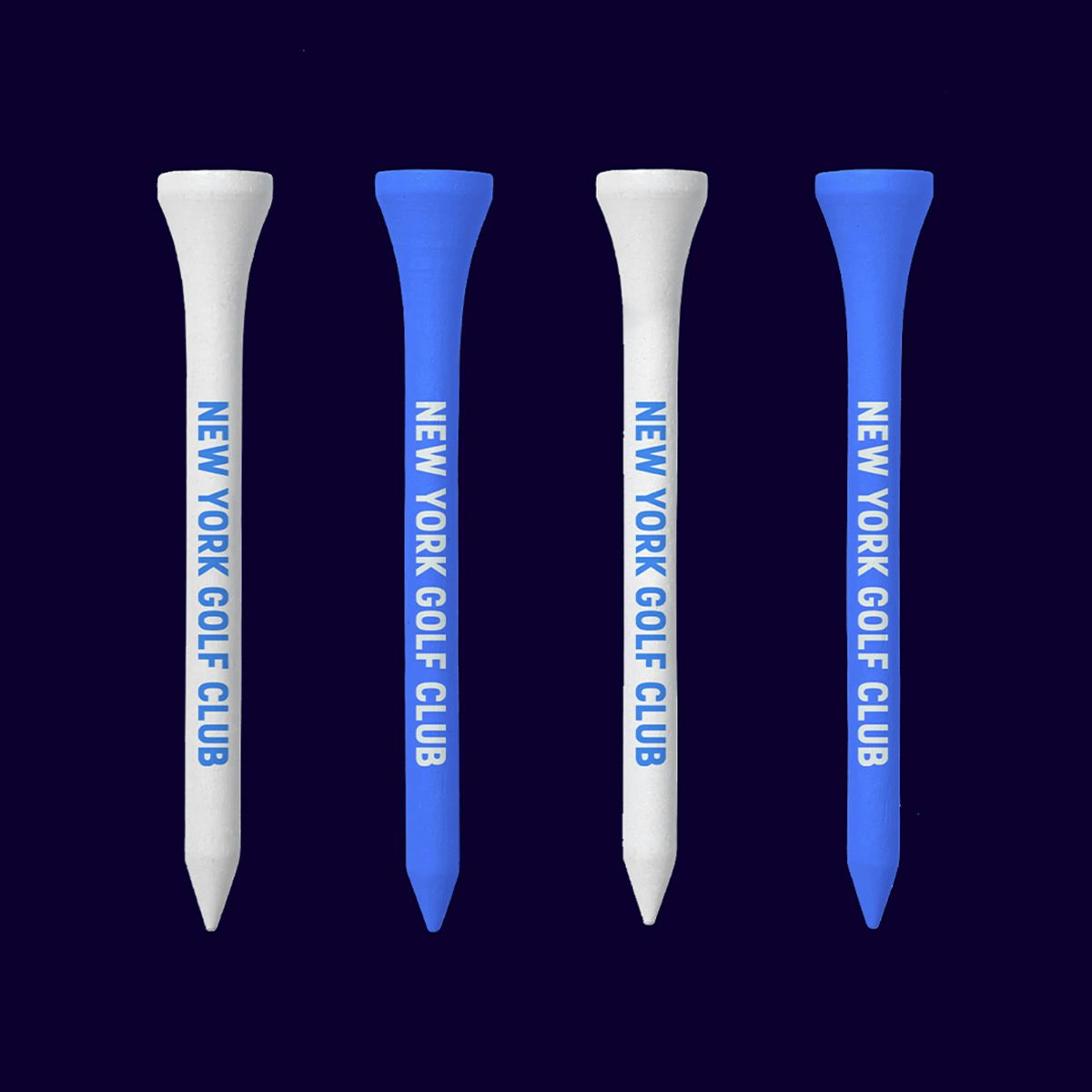 Golf tees in blue and white featuring the brand name New York Golf Club