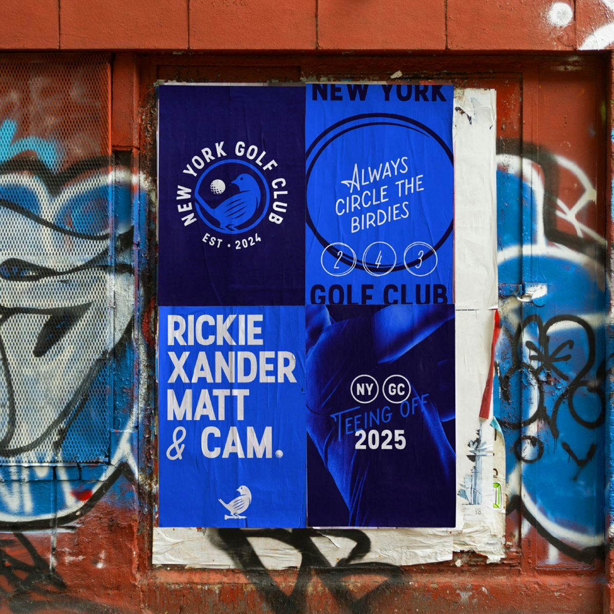 Flyposters on a graffiti covered wall. The posters feature the New York Golf Club identity in a blue and white palette and with bird emblems