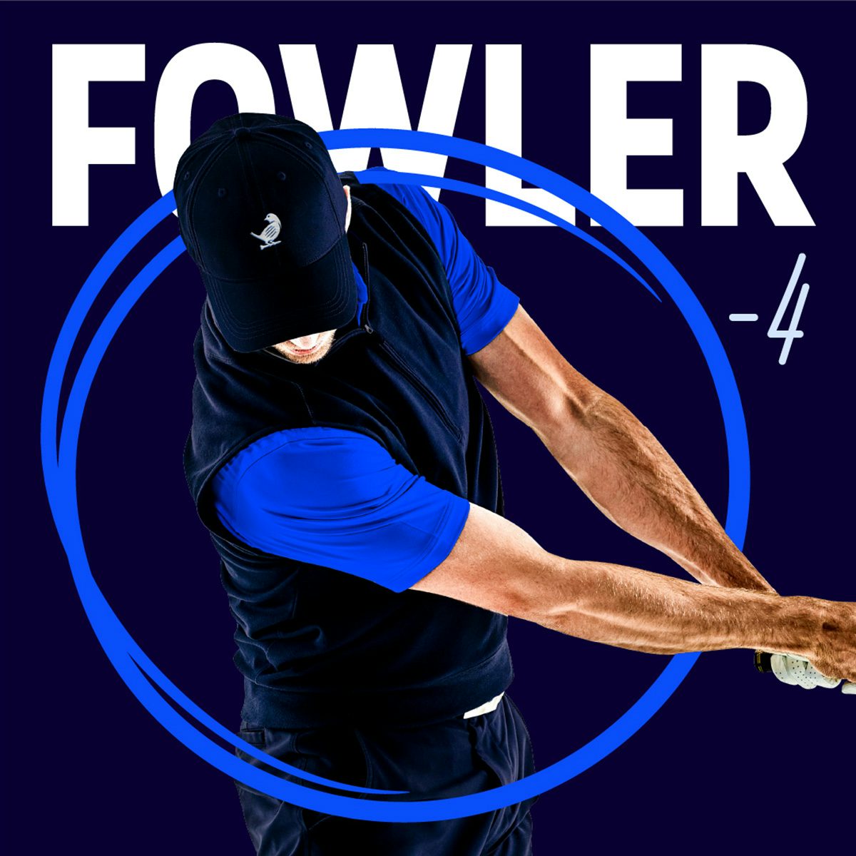 Graphic showing a golf player taking a swing, marked up with a circle drawn around them, and the headline 'Fowler'