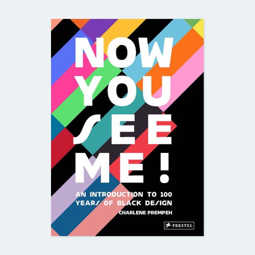 Cover of Now You See Me by Charlene Prempeh, featuring the book title in white upper case lettering and a background of colourful diagonal stripes