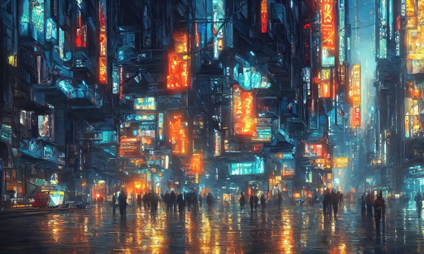 Shutterstock, Vezdahod. Streets,Of,Cyberpunk,City.,Bright,Glowing,Houses,And,Windows,Of