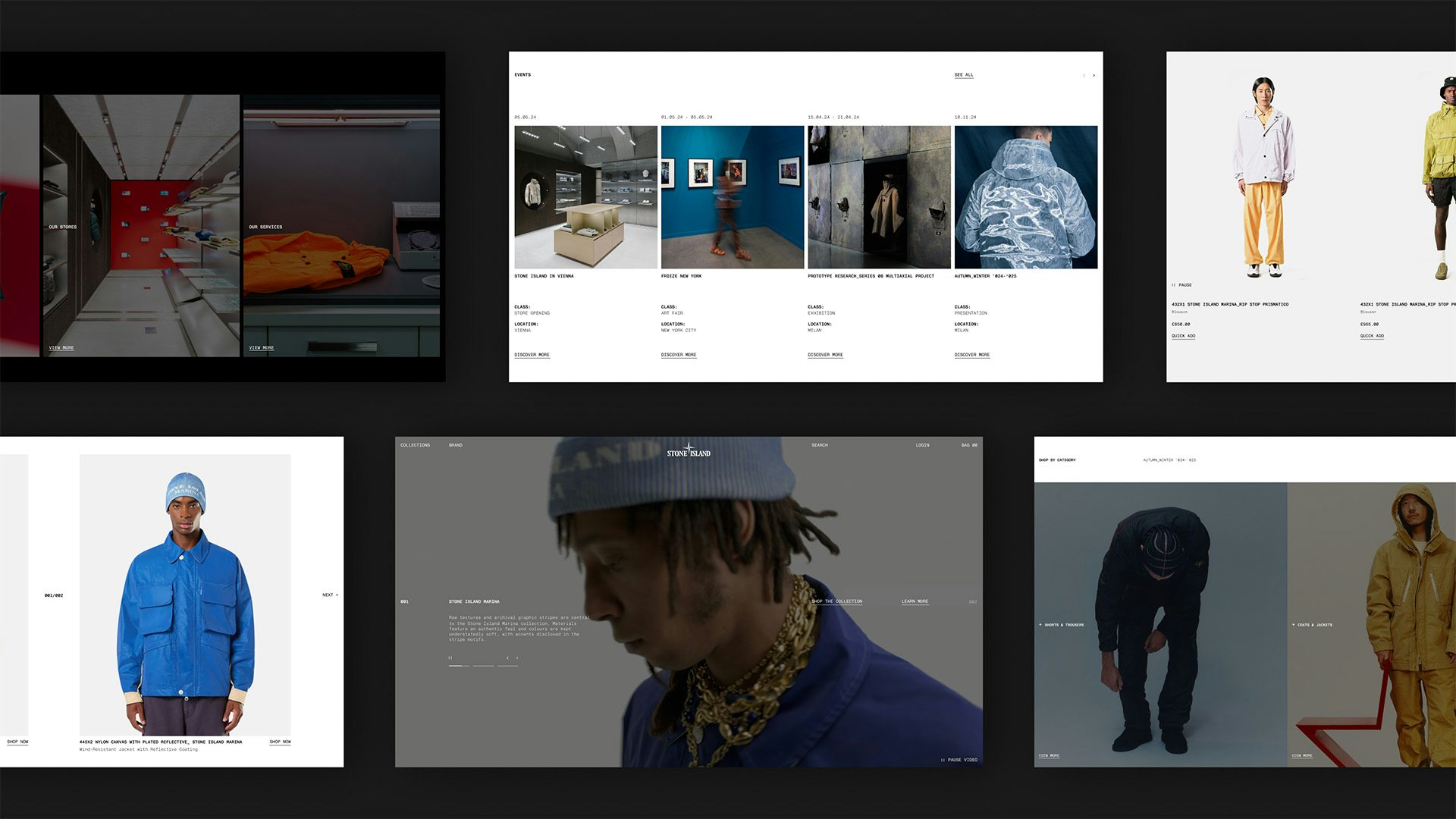 Composite image showing elements of Stone Island's branding and web design elements